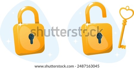 Closed and open lock with key. Stock vector illustration