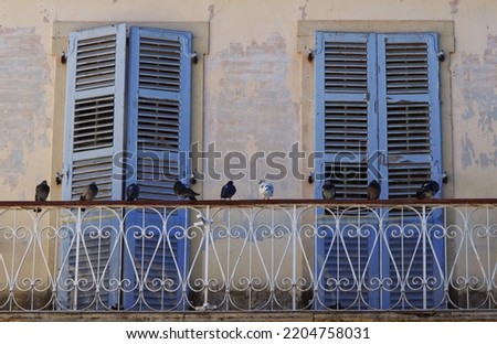 Similar – Image, Stock Photo old closed shutters with flaking white lacquer and rusty hinges in brick facade with partly missing plaster that have seen better days ;old