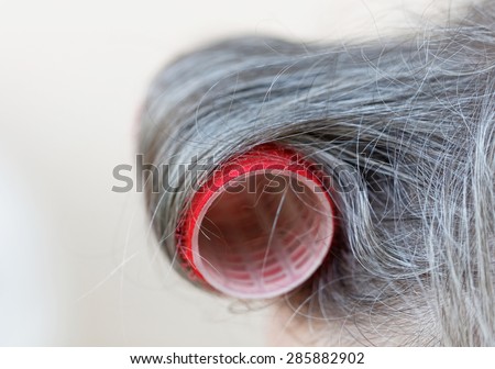 Gray hair with curlers.
