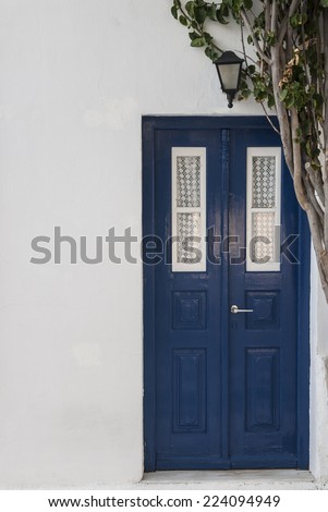 Typical Mediterranean dark blue front door set in a white wall with a vine growing across one corner