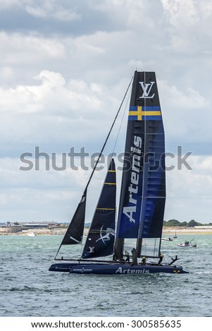 PORTSMOUTH, UK - JULY 25: The Swedish Team Artemis America\'s Cup boat sailing in the America\'s Cup World Series qualifiers in Portsmouth shown on July 25, 2015 in Portsmouth, UK