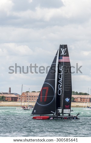 PORTSMOUTH, UK - JULY 25: The United States Team Oracle America's Cup boat sailing in the America's Cup World Series qualifiers in Portsmouth shown on July 25, 2015 in Portsmouth, UK