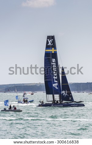 PORTSMOUTH, UK - JULY 25: The Swedish Team Artemis America\'s Cup boat sailing in the America\'s Cup World Series qualifiers in Portsmouth shown on July 25, 2015 in Portsmouth, UK