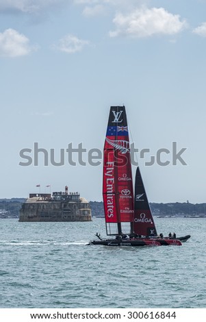 PORTSMOUTH, UK - JULY 25: The New Zealand Team Emirates America's Cup boat sailing in the America's Cup World Series qualifiers in Portsmouth shown on July 25, 2015 in Portsmouth, UK