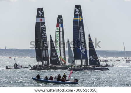 PORTSMOUTH, UK - JULY 25: The Team Artemis, Softbank, and Groupama America\'s Cup boats sailing in the America\'s Cup World Series qualifiers in Portsmouth shown on July 25, 2015 in Portsmouth, UK