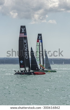 PORTSMOUTH, UK - JULY 25: The Team Oracle and Groupama America's Cup boats sailing in the America's Cup World Series qualifiers in Portsmouth shown on July 25, 2015 in Portsmouth, UK