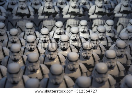 TOKYO, JAPAN - AUGUST An army of miniature model Stormtrooper figures lined up in a display illustrating the merchandise for the Starwars films shown on August 7, 2015 in Tokyo, Japan