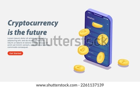 3D isometric illustration of cryptocurrencies and digital wallet for web banner, landing page
