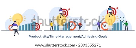 Set of productivity flat illustration, Self-management, Performance increase, Goal setting, Achieving targets, Time management concept for landing page, web banner, social media, infographic