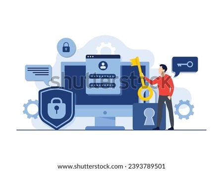 Data and account protection concept flat vector illustration, Password secure access on desktop computer, Cyber security for landing page, mobile app, template, web banner, infographics