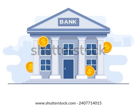 Bank building with dollar coins around flat illustration vector template on white background