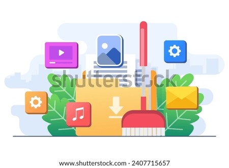 Data clean concept flat illustration vector template, Deleting cache memory, download history cloud data, Clean digital memory, Delete documents in trash, Cleaning Software