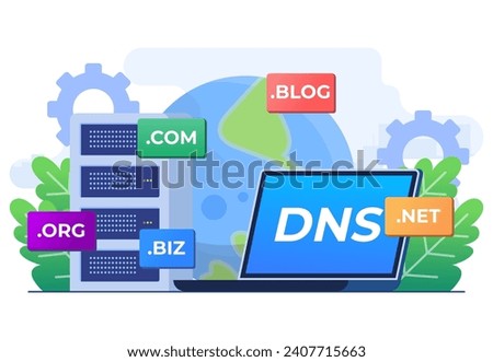 Domain name system concept flat illustration vector template, DNS, Website domain name, Internet or cyberspace, Domain registration web page, Choose, find, buy, register website domain name