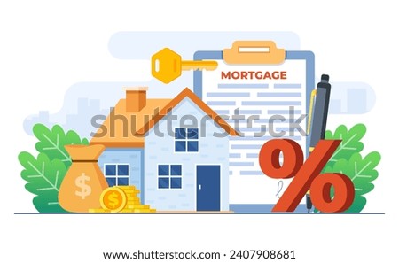 Mortgage and rent concept flat vector illustration vector template, House loan or money investment to real estate, Mortgage rate, Purchasing property, Home loan, Home bank credit