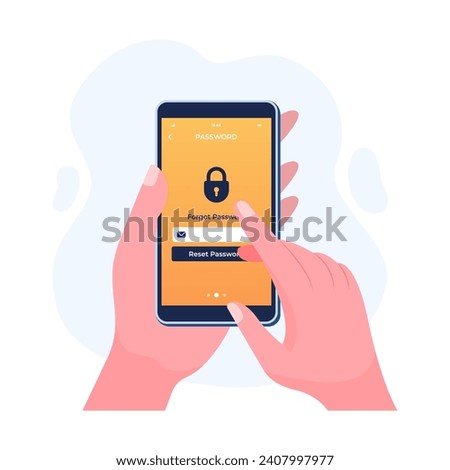 Hand holding smartphone with account password reset form page flat illustration vector template, Forgot password or change password, Account security