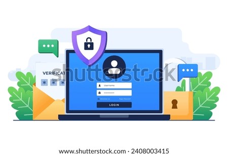 Two-step verification flat illustration vector template, OTP, Authentication password, One-time password for secure website account login, Login page on laptop screen