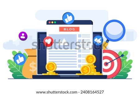 Blog monetization concept flat illustration vector template, Making money online, Website monetization, Analyzing blog content and generating income with ad placements and sponsor partnerships