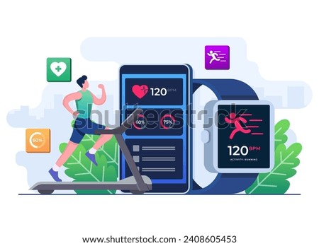 Smartwatch fitness tracker concept flat illustration vector template, Man character running on a treadmill, Smart working, Training, Sports exercises, Monitoring heart rate, Gadgets and devices