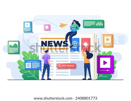 People characters browse online mass media feed on laptop screen, People read news articles, Online newspaper, News web page, Internet newsletter mobile application