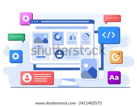 Interface elements and browser windows on computer, Web design, UI UX, Software development, Web design, Application design, Coding, Web development flat illustration for landing page
