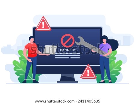 Blocked or banned website, system, connection, Ad blocking software, Banned user account flat illustration vector banner for landing page, social media, website, mobile apps 