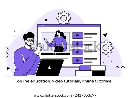 Online education flat illustration, Video tutorials, Online tutorials, E-learning, Online course, Online webinar, Students learning scene, Distance education, Studying