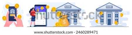 Set of modern flat illustrations of  Online mobile banking and mobile payment, Digital banking, internet money, Savings and finance