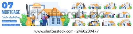 Set of flat illustrations of mortgage and rent concepts, House loan or money investment to real estate, Mortgage loan, Purchasing property, Home loan, Home bank credit 