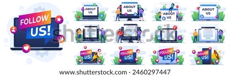 Set of flat illustrations of About us, Contact Us, Customer support, customer service, online support, help desk, Follow us concept, Internet advertisement, Marketing