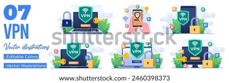 Set of flat illustrations of virtual private network, Secure web traffic, Encrypted data transfer, VPN access, Digital personal data protection
