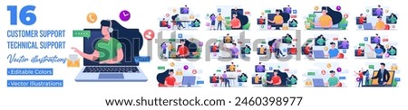 Set of flat illustrations of online customer support, Helping to solve problems, Technical support, telemarketing operator, Assistance, Remote consultant, Advice clients 
