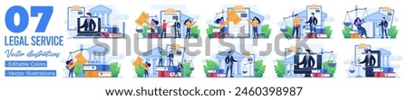 Set of flat illustrations law and justice, Law firm and legal services, Public law consulting, Lawyer, Legal assistance, legal consultation in business and finance
