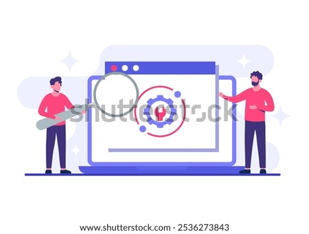 System maintenance flat vector illustration, Error, Fixing trouble, Device updating, Software system under maintenance, Software upgrade process on devices, People update operation system