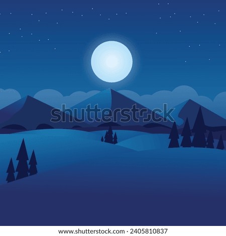 Night time nature landscape in the Countryside with a Full moon and a Stary sky Vector illustration