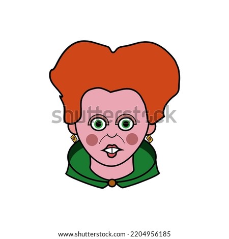 Winifred Sanderson Hocus Pocus evil wicked witch pop culture icon comedy horror red hair green cloak headshot cute flat cartoon vector art. Halloween traditional trick or treat celebration party.  