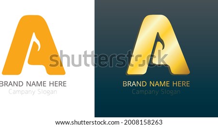 Modern alphabet A logo design with music note element. Flat gold gradient letter A company design premium branding. Musical instrument store luxury corporate identity businesses. Yellow golden color.