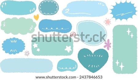 Set of hand drawn style cute memo sticker. Variety abstract shapes of blue speech bubble. Girl style frame with crayon draw. Chat box balloon cloud. Sweet retro label tag collection vector for text