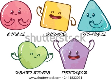 Variety of colorful geometric shapes with facial expression. Abstract hand draw style shapes smile, laugh, happy face. Set of cartoon circle, triangle, square, pentagon, heart shape character emotion.
