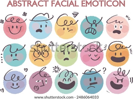 Round abstract faces with various emotions set hand drawn style. Crayon drawing style emoticons collection. Different colored avatar. flat design, hand drawn fashion vector illustration emotional.