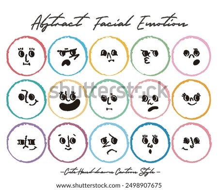 Round abstract faces with various emotions set. Crayon drawing style emoticons collection. Different colored avatar. flat design, hand drawn fashion vector illustration emotional.