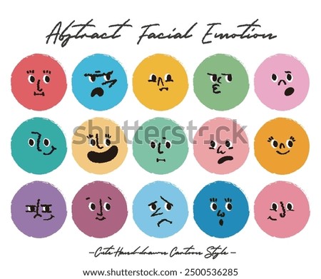 Round abstract faces with various emotions set. Crayon drawing style emoticons collection. Different colored avatar. flat design, hand drawn fashion vector illustration emotional.