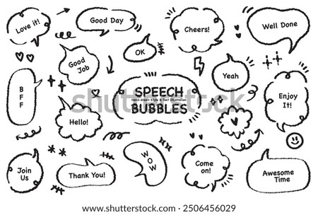 Comic style cute quote outline speech bubble with positive words. Set of hand drawn memo frame. Cartoon doodle crayon drawing cloud, box, message. Flat vector Good job Well done Enjoy Cheers Thank you