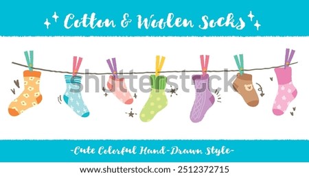 Cotton and wool socks on clothesline. Hand drawn style socks hanging on a rope with clothespins. Socks laundry on line with pins, socks with color ornament pattern. Clothes on laundry line.