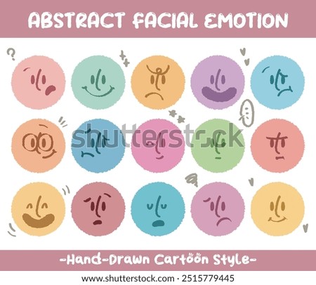 Round abstract faces with various emotions set. Crayon drawing style emoticons collection. Different colored avatar. flat design, hand drawn fashion vector illustration emotional.