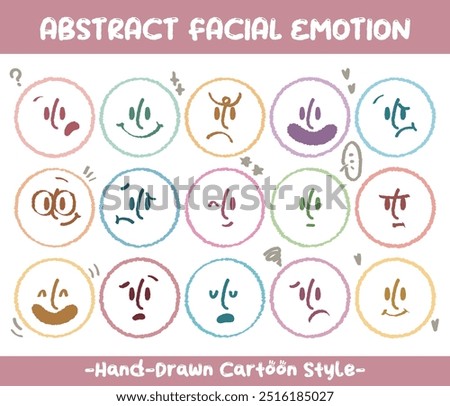 Round abstract faces with various emotions set. Crayon drawing style emoticons collection. Different colored avatar. flat design, hand drawn fashion vector illustration emotional.