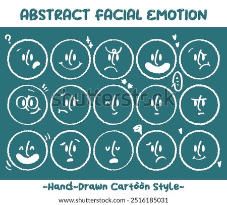 Round abstract faces with various emotions set. Crayon drawing style emoticons collection. Different colored avatar. flat design, hand drawn fashion vector illustration emotional.