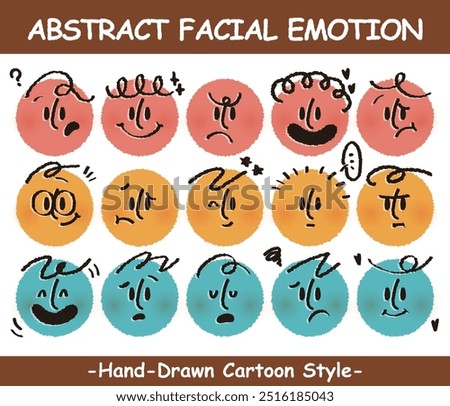 Round abstract faces with various emotions set. Crayon drawing style emoticons collection. Different colored avatar. flat design, hand drawn fashion vector illustration emotional.