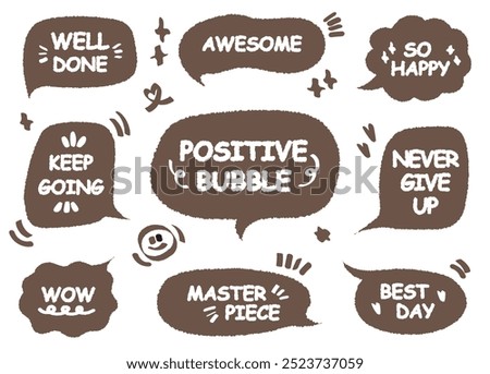 Comic style cute quote speech bubble with positive words. Set of hand drawn memo frame. Cartoon doodle crayon drawing cloud, box, message. Flat vector Well done Masterpiece Best day Awesome Keep WOW