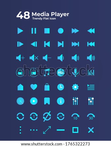 Media player icons in flat style. Smooth style media player icons. Music player icons for using in mobile app, website, ui design. Multimedia Icons.
