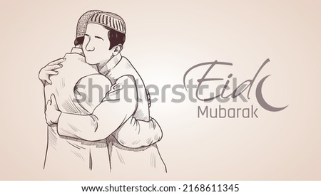 Muslim man hugging and wishing to each other on occasion of Eid hand sketch illustration. Eid Mubarak banner vector. Eid greetings illustrations design.
